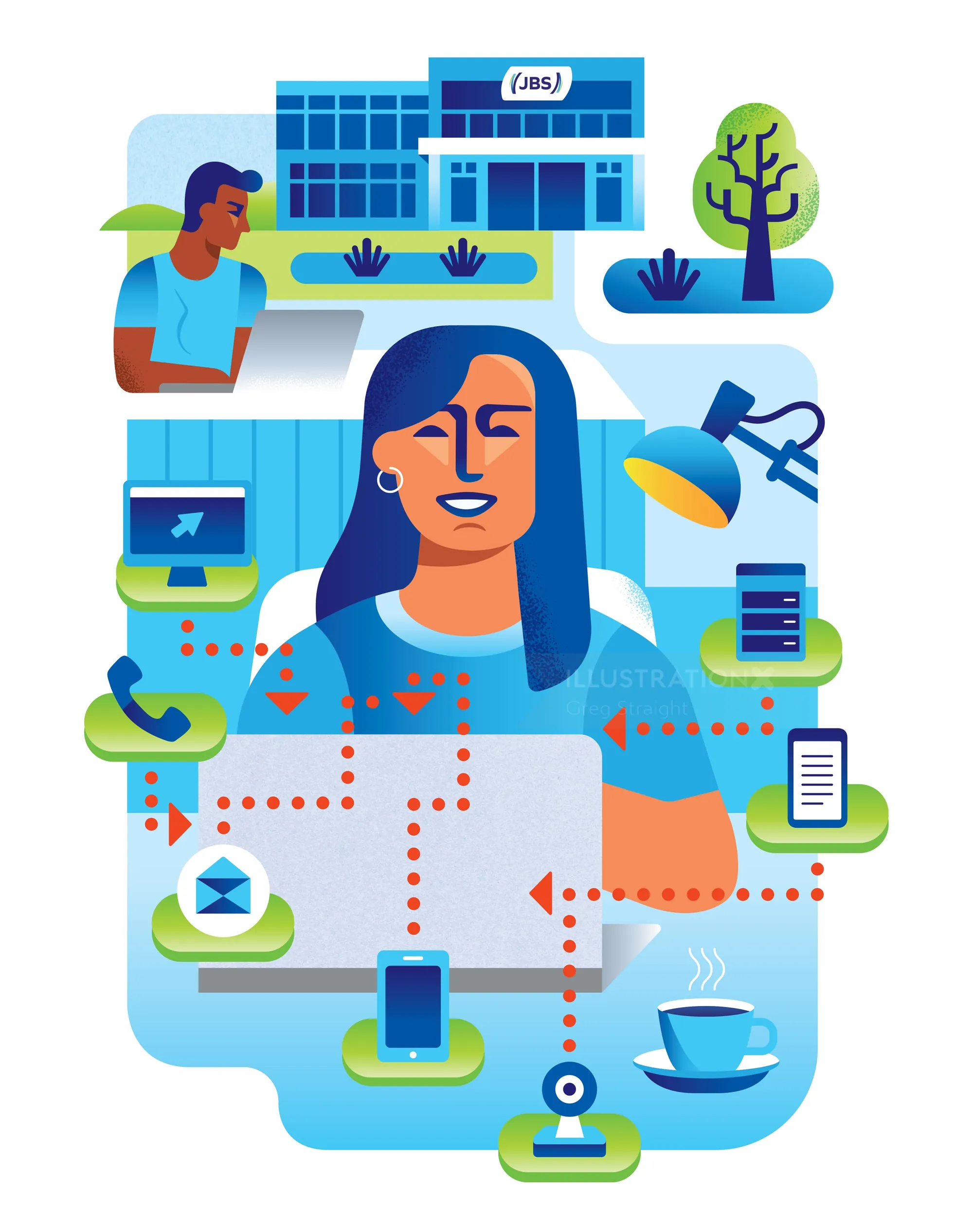 Remote support woman interacting with multiple digital devices and communication tools by Greg Strai