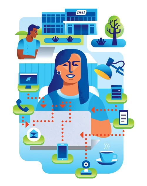 Remote support woman interacting with multiple digital devices and communication tools by Greg Strai