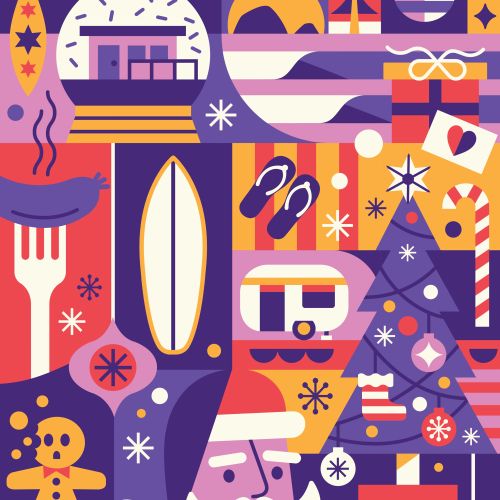 Geometric holiday icons with Santa, reindeer, gifts, and decorations by Greg Straight