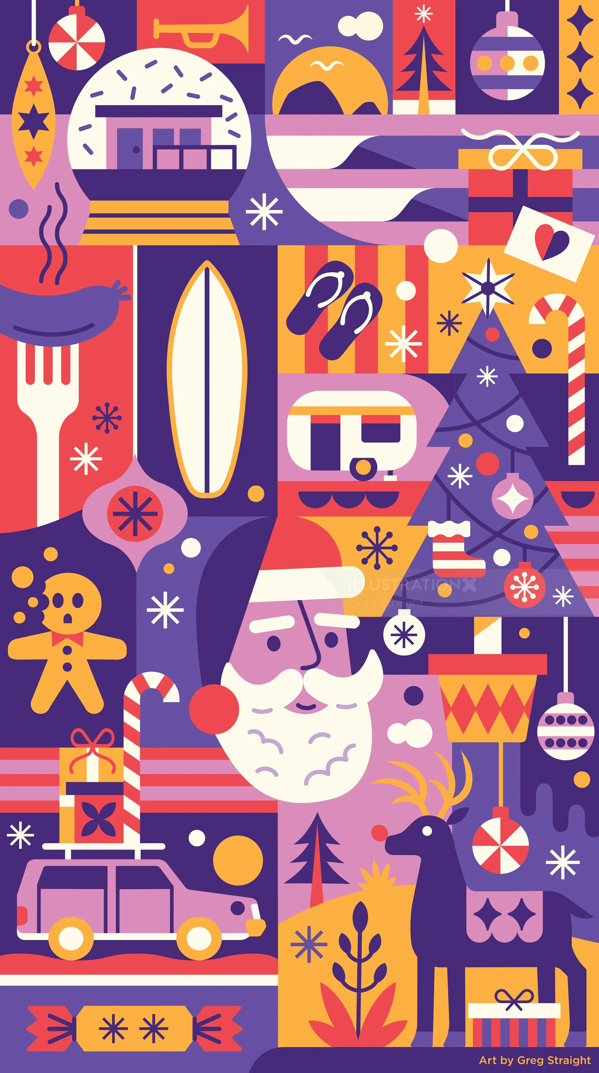 Geometric holiday icons with Santa, reindeer, gifts, and decorations by Greg Straight