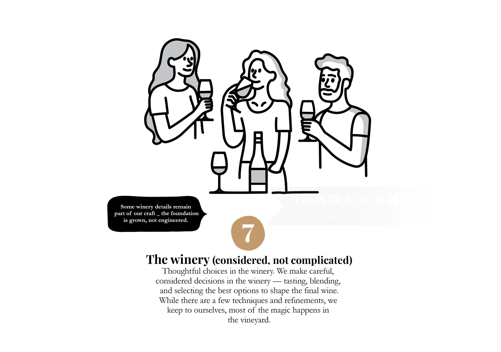Illustration of three people tasting wine and holding glasses by Greg Straight