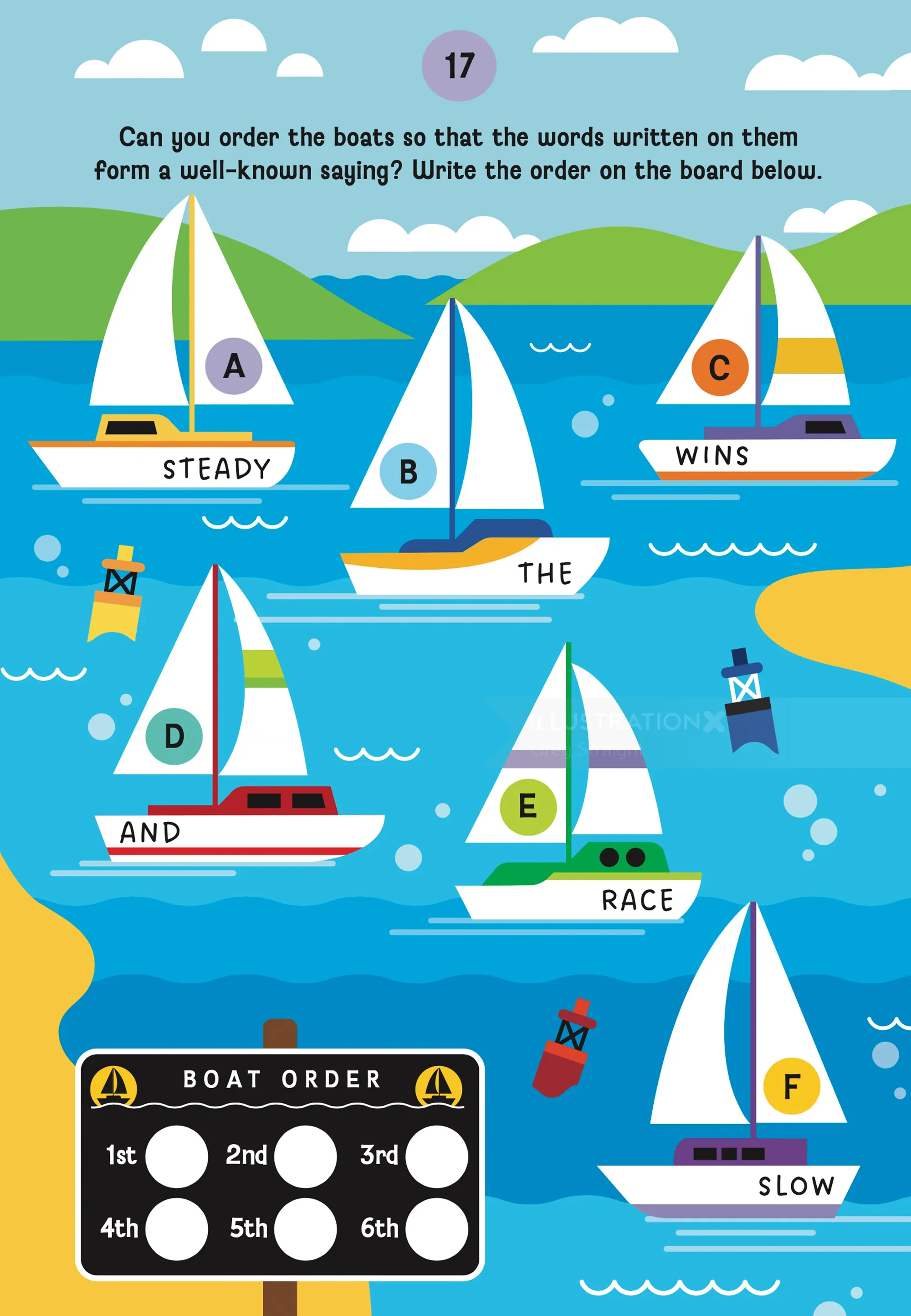 Colorful sailboats puzzle with letters and words by Greg Straight