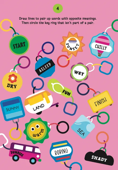 Opposite meaning word matching puzzle by Greg Straight on colorful keychains