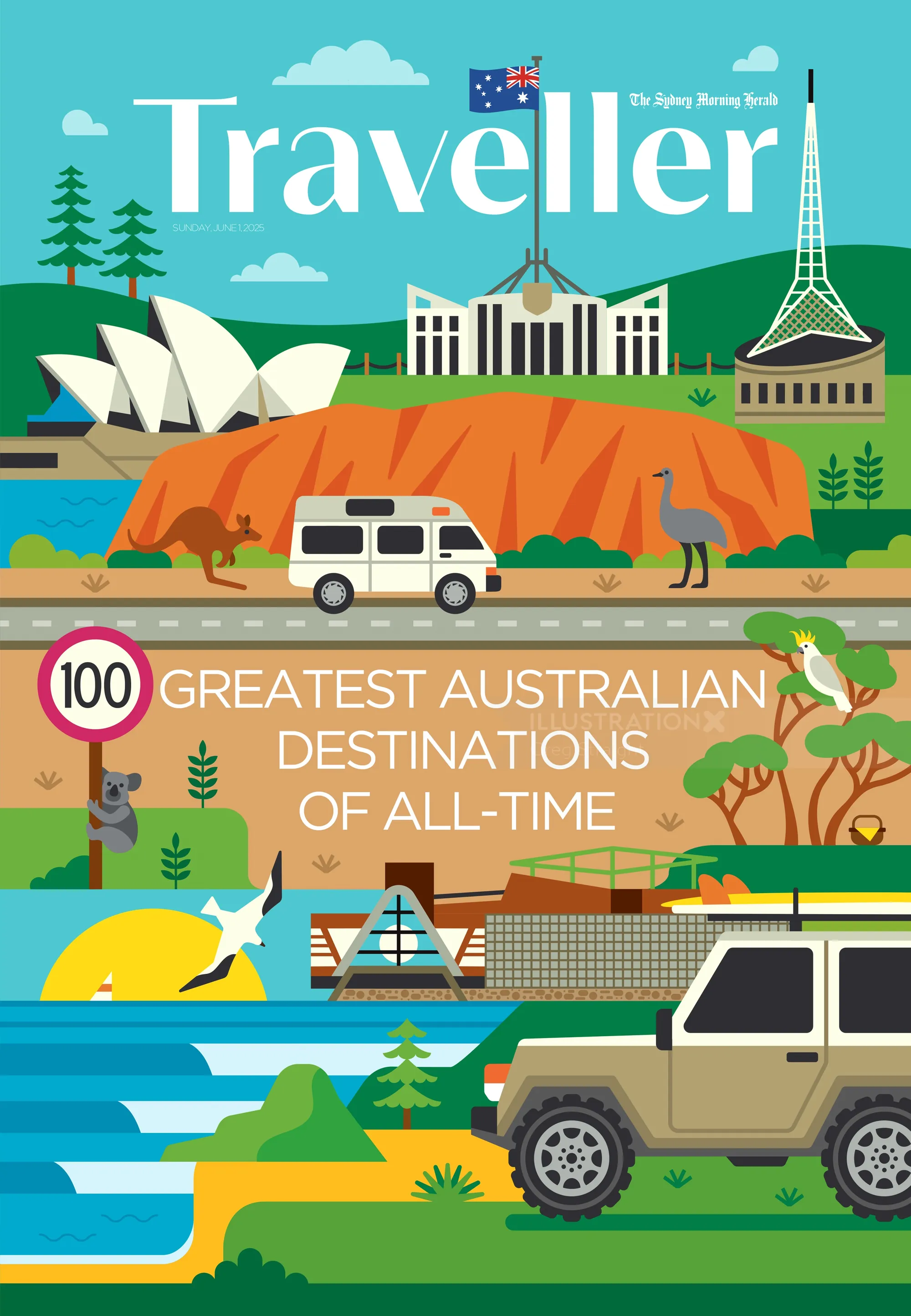 Illustration of Australian landmarks, wildlife, and vehicles by Greg Straight