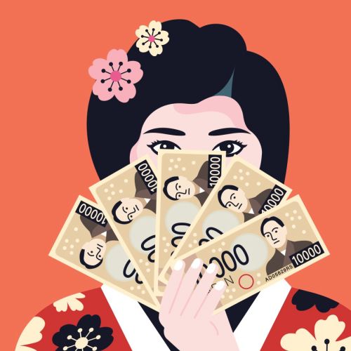 Woman holding a fan made of Japanese yen bills by Greg Straight
