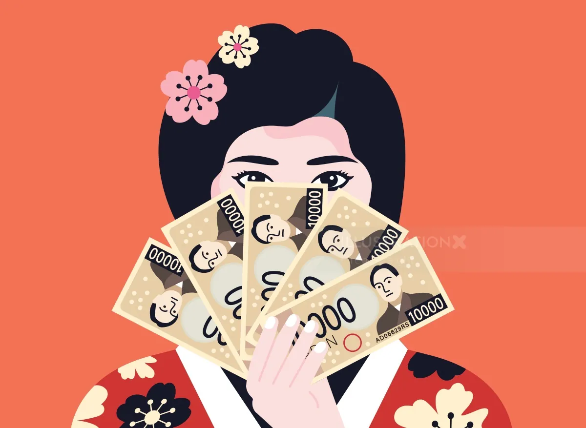 Woman holding a fan made of Japanese yen bills by Greg Straight