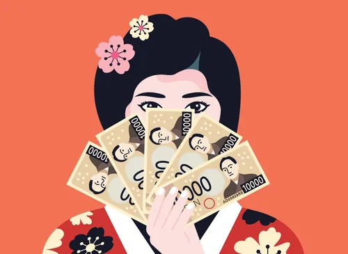Woman holding a fan made of Japanese yen bills by Greg Straight