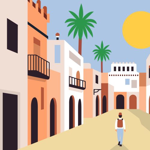 Person walking through sunlit Mediterranean street with buildings and palm trees by Greg Straight
