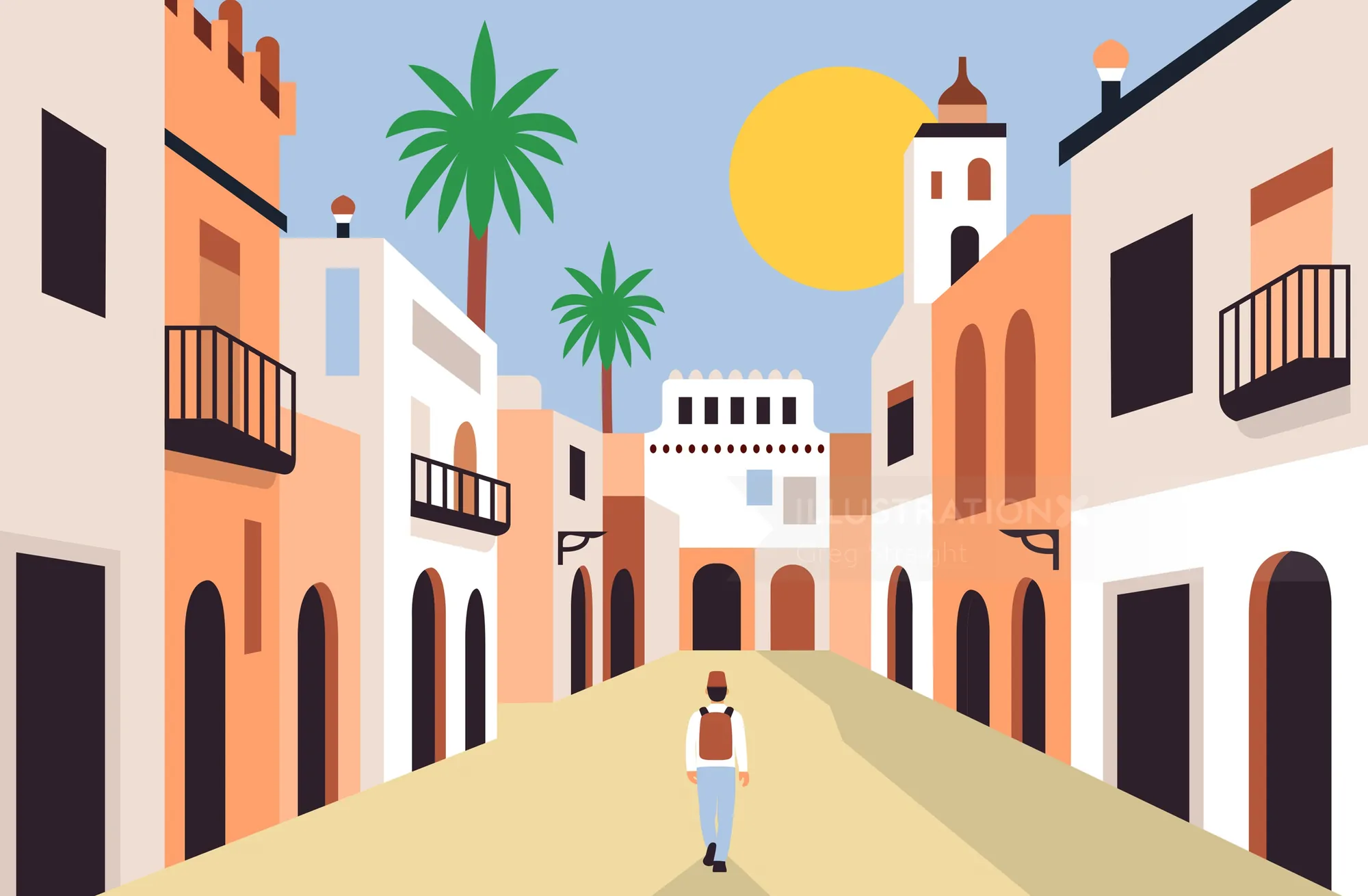 Person walking through sunlit Mediterranean street with buildings and palm trees by Greg Straight