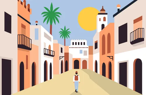 Person walking through sunlit Mediterranean street with buildings and palm trees by Greg Straight