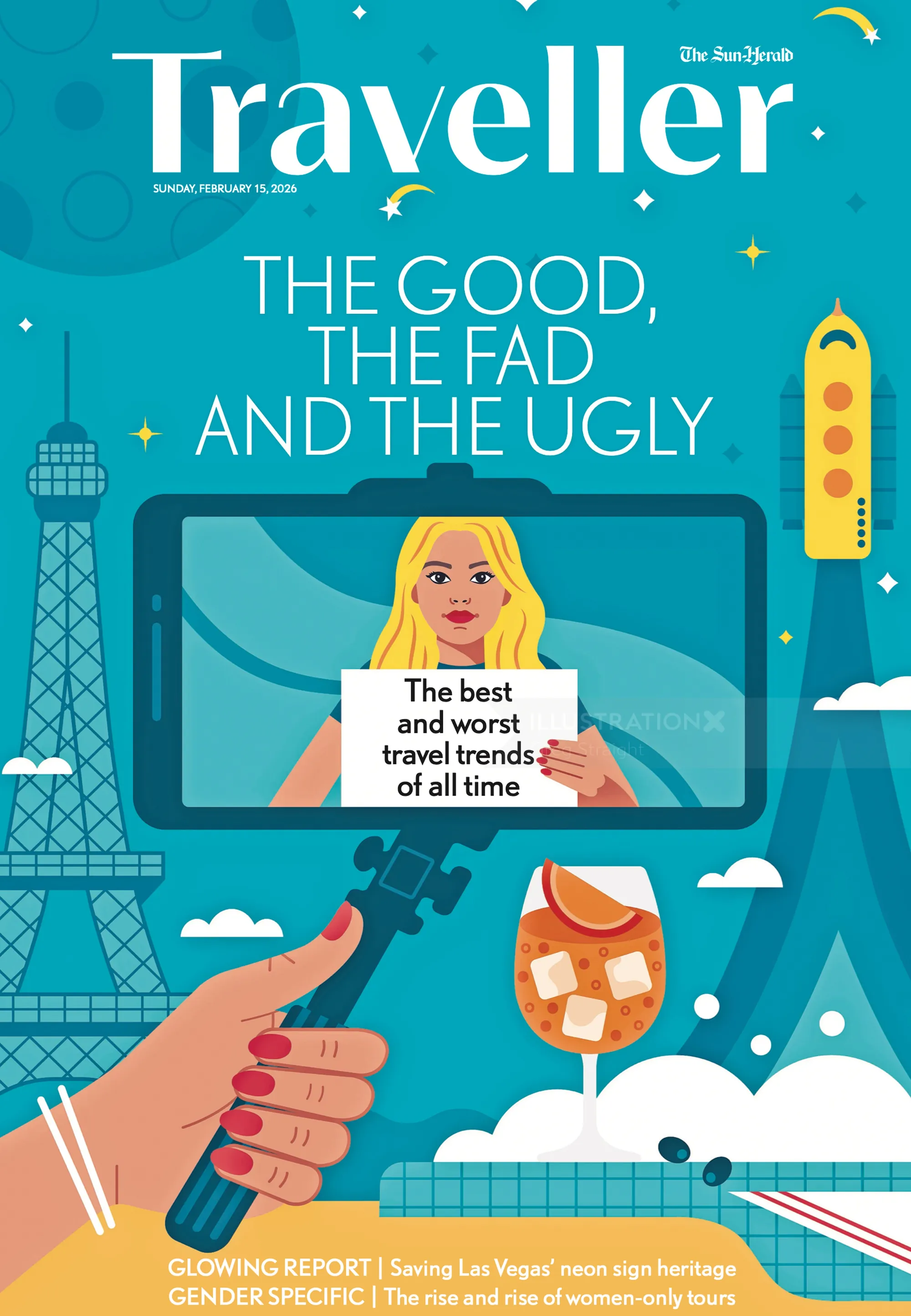 Traveller magazine cover showing travel trends with Eiffel Tower and wine glass by Greg Straight