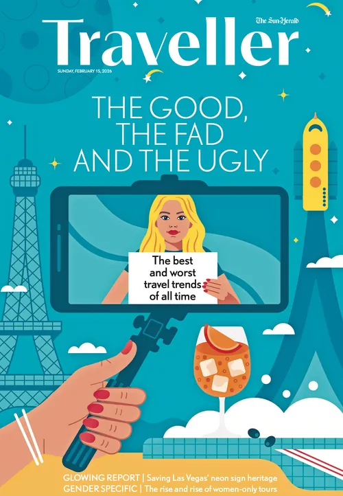 Traveller magazine cover showing travel trends with Eiffel Tower and wine glass by Greg Straight
