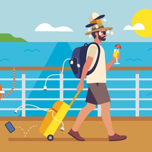 Man walking on cruise ship deck with suitcase and drink by Greg Straight