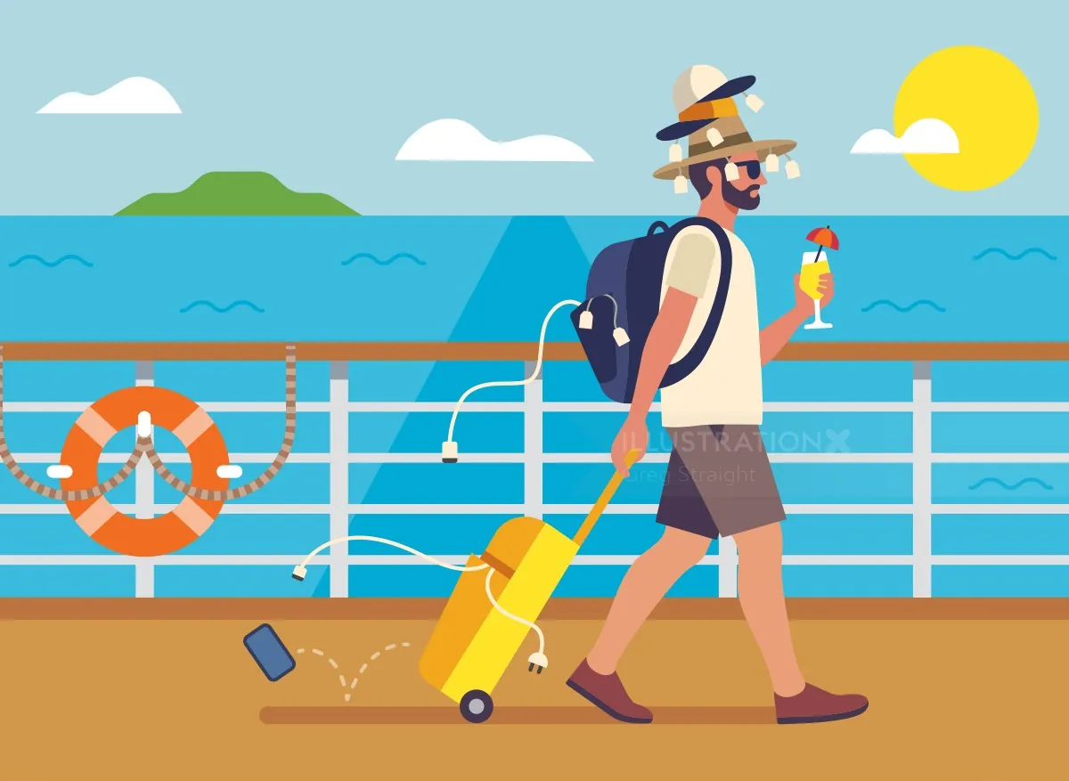 Man walking on cruise ship deck with suitcase and drink by Greg Straight