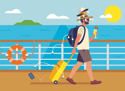 Man walking on cruise ship deck with suitcase and drink by Greg Straight