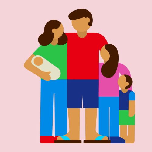 Minimalist family of four with colorful clothing by Greg Straight