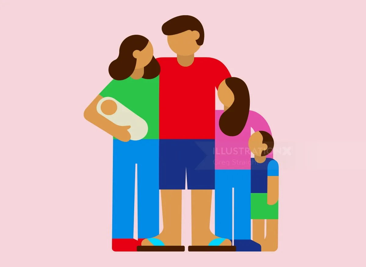 Minimalist family of four with colorful clothing by Greg Straight