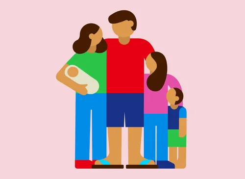 Minimalist family of four with colorful clothing by Greg Straight