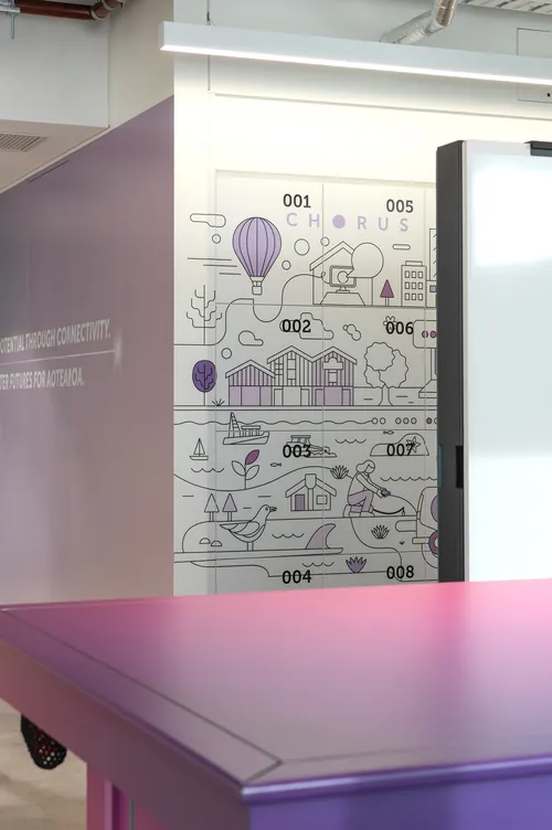 Greg Straight mural with numbered city scenes and figures on an interior wall