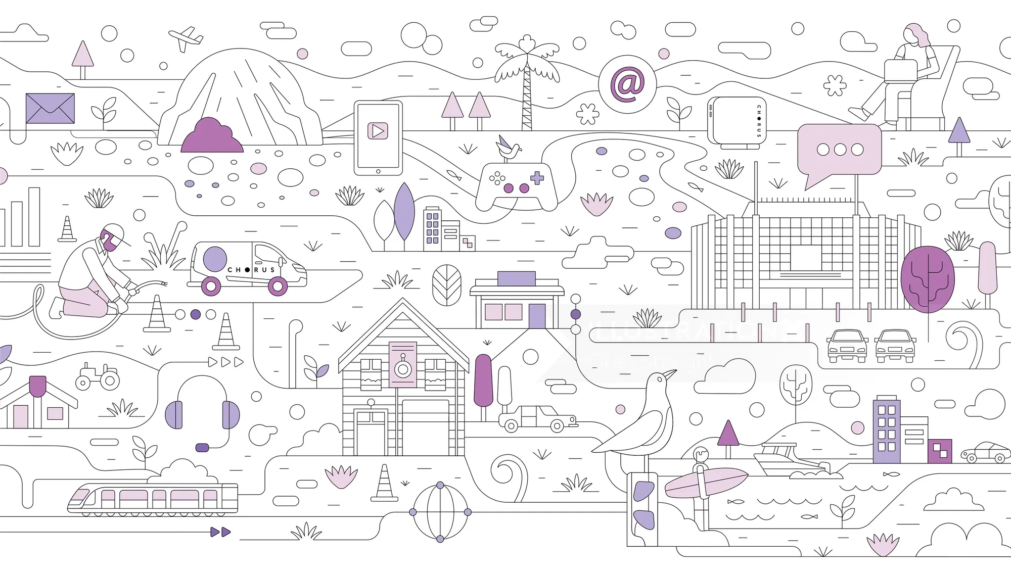 Whimsical purple-accented city illustration by Greg Straight