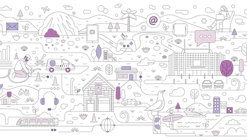 Whimsical purple-accented city illustration by Greg Straight