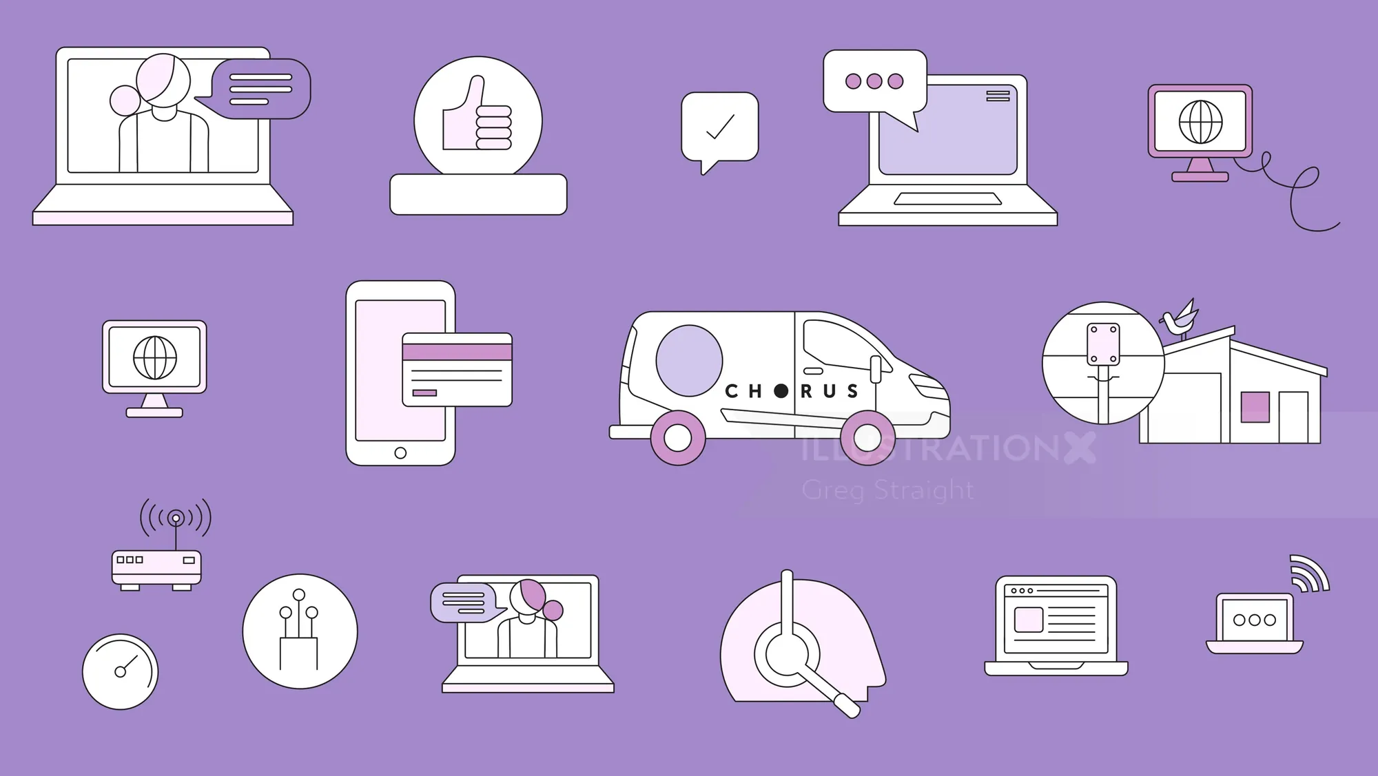 Digital communication icons on purple background, illustrated by Greg Straight