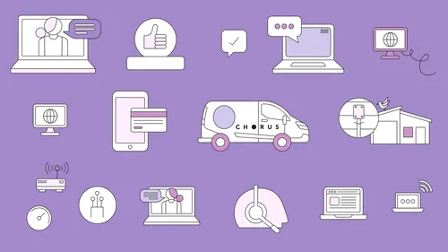 Digital communication icons on purple background, illustrated by Greg Straight