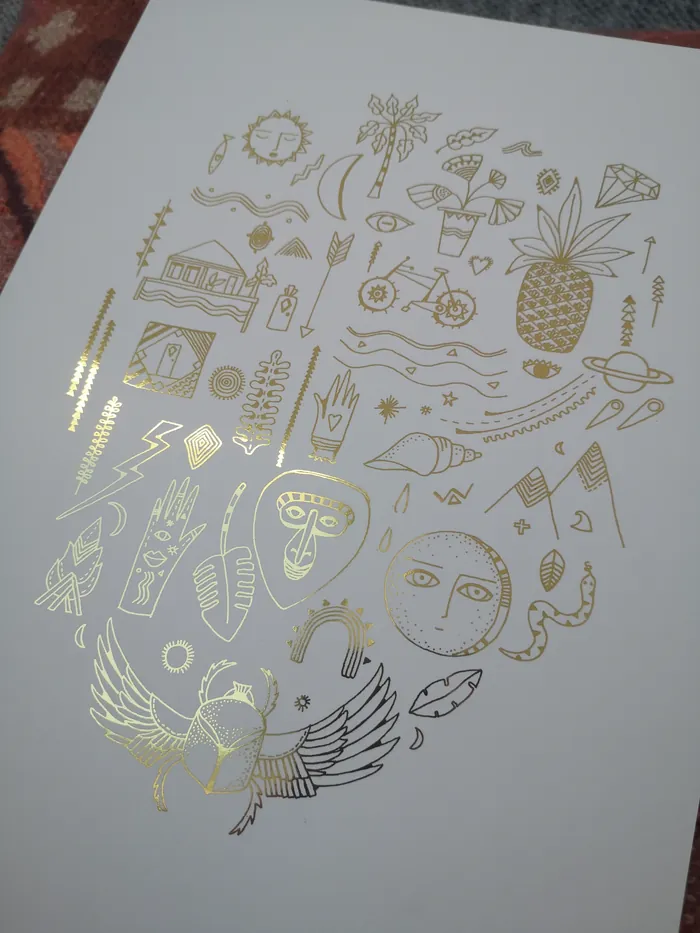 Gold foil tropical and mythical illustrations on white paper by Hannah Davies