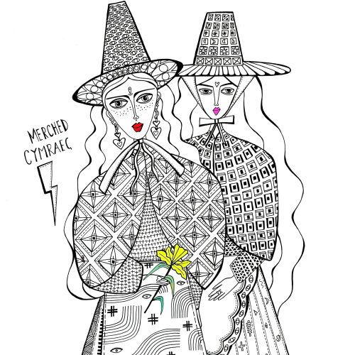 Black and white illustration of two women in patterned dresses and hats by Hannah Davies