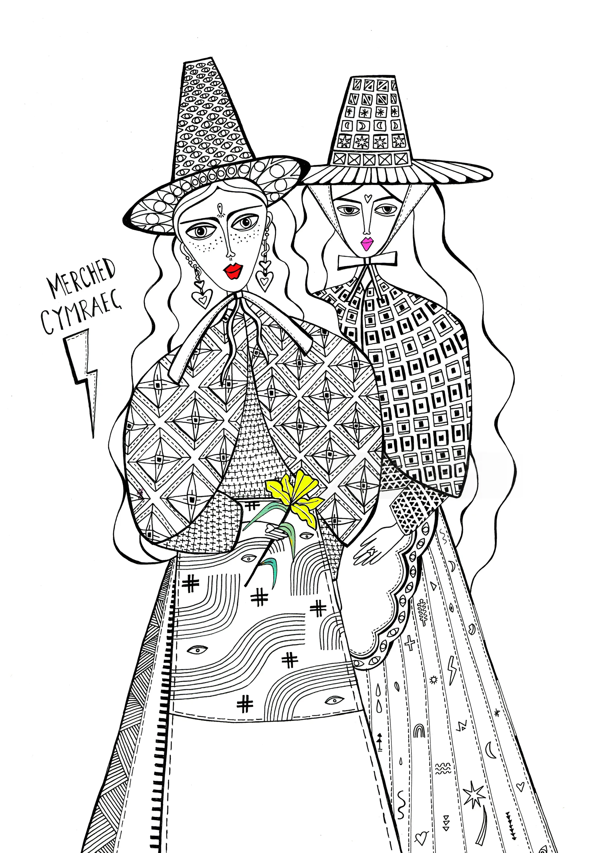 Black and white illustration of two women in patterned dresses and hats by Hannah Davies