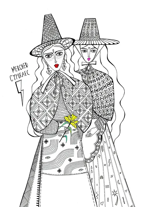 Black and white illustration of two women in patterned dresses and hats by Hannah Davies