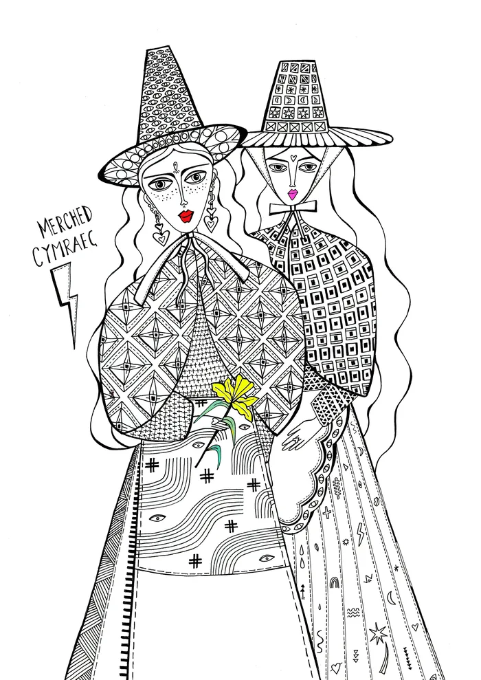Black and white illustration of two women in patterned dresses and hats by Hannah Davies