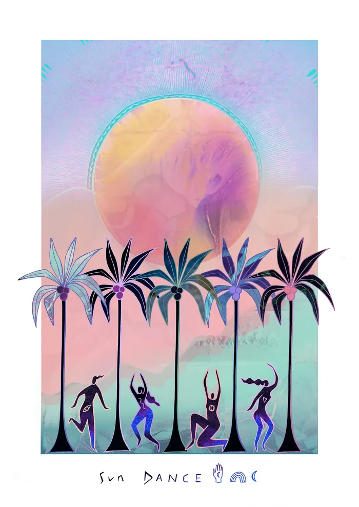Silhouettes dancing under palm trees with a large sun, by Hannah Davies