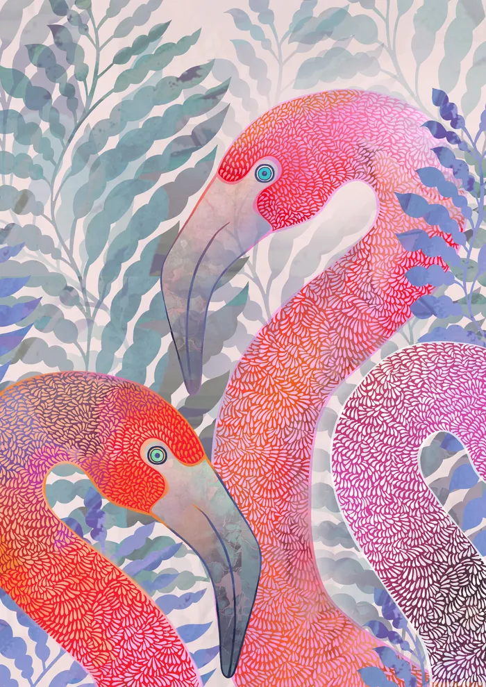 Illustration of two pink flamingos with detailed feathers by Hannah Davies