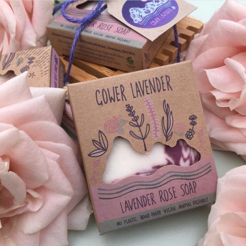 Gower Lavender Lavender Rose Soap box surrounded by pink roses by Hannah Davies