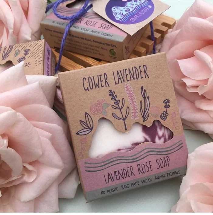 Gower Lavender Lavender Rose Soap box surrounded by pink roses by Hannah Davies