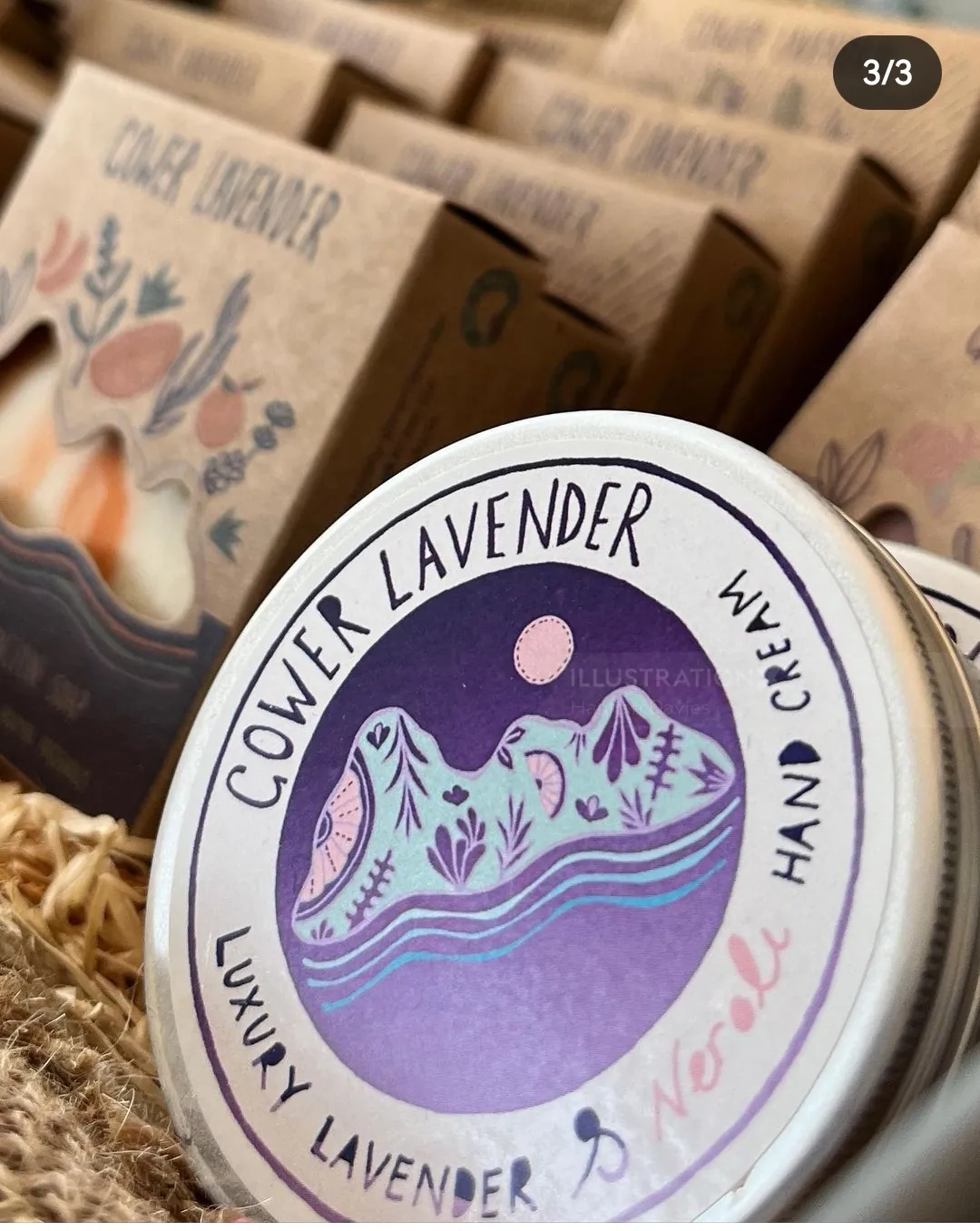 Cowper Lavender hand cream tin with purple mountain design by Hannah Davies