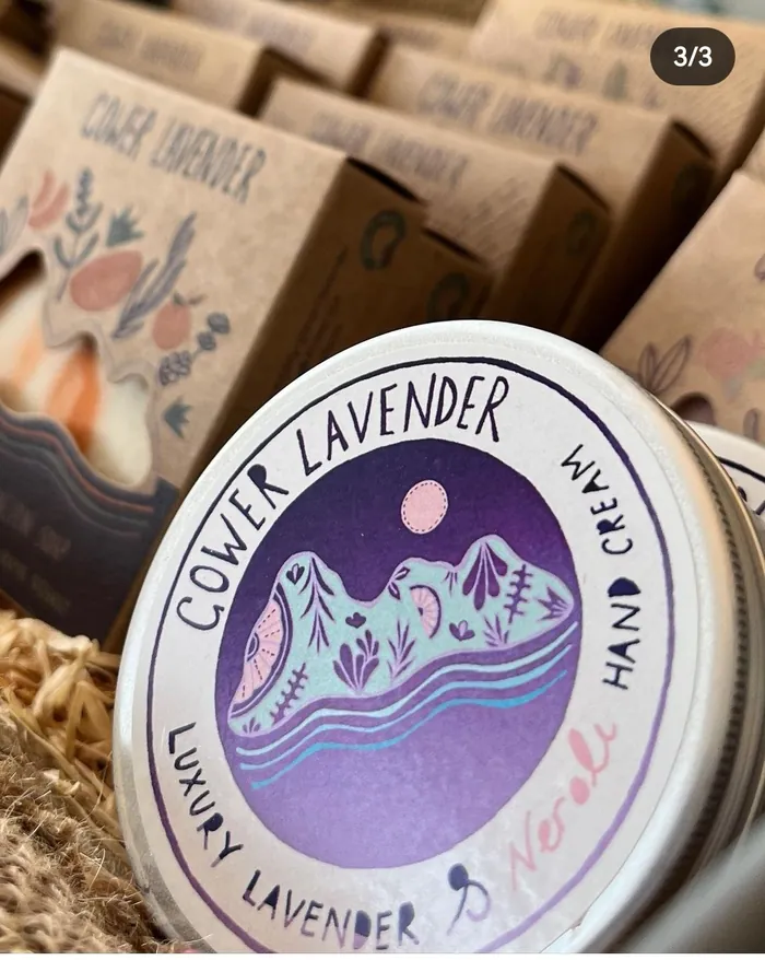 Cowper Lavender hand cream tin with purple mountain design by Hannah Davies