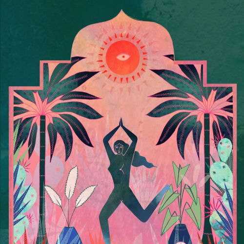 Silhouette of a person in a yoga pose surrounded by tropical plants, by Hannah Davies