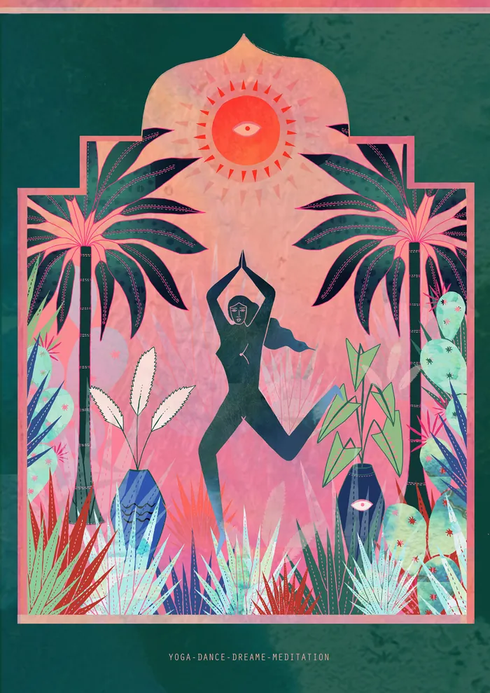 Silhouette of a person in a yoga pose surrounded by tropical plants, by Hannah Davies