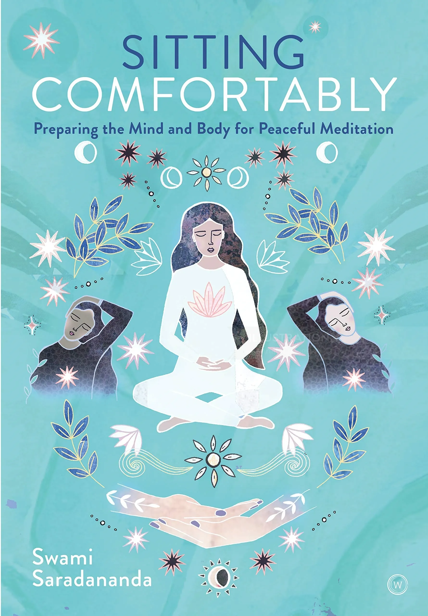 Meditating woman surrounded by calming symbols and peaceful imagery by Hannah Davies