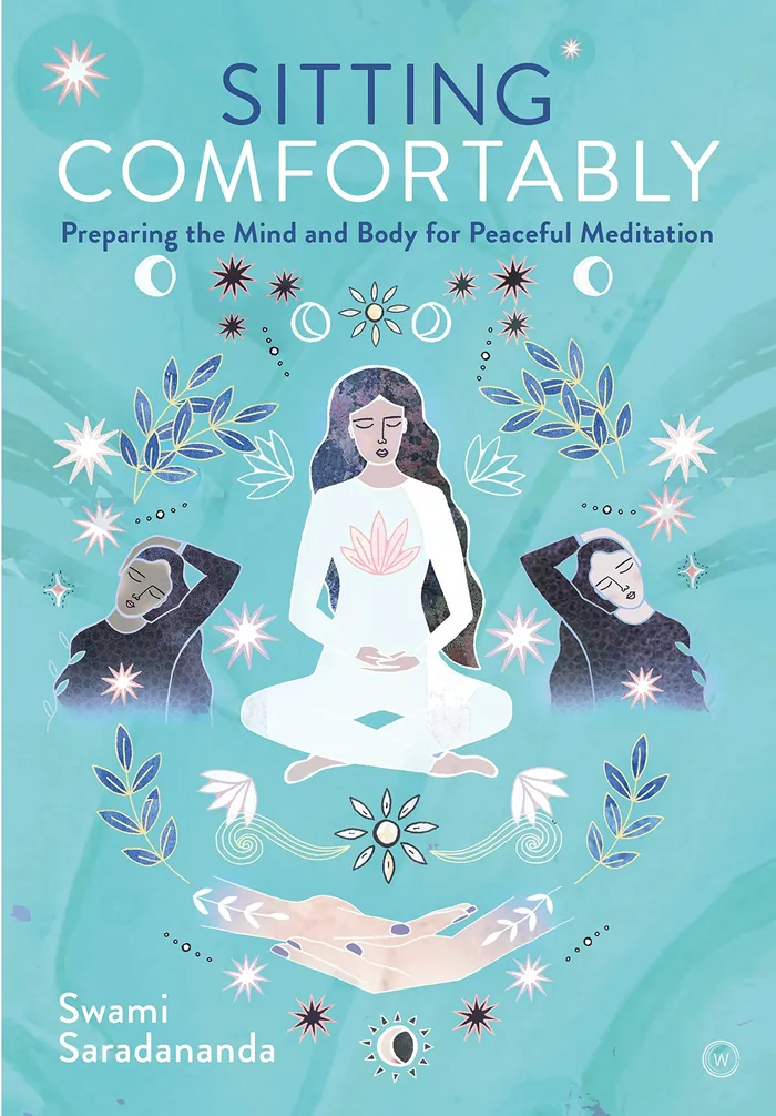 Meditating woman surrounded by calming symbols and peaceful imagery by Hannah Davies