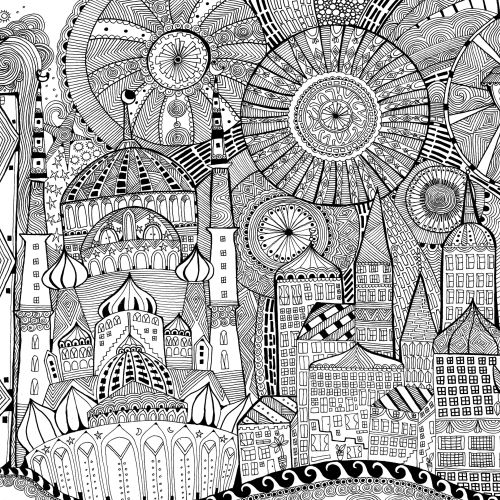 Intricate black and white cityscape drawing by Hannah Davies