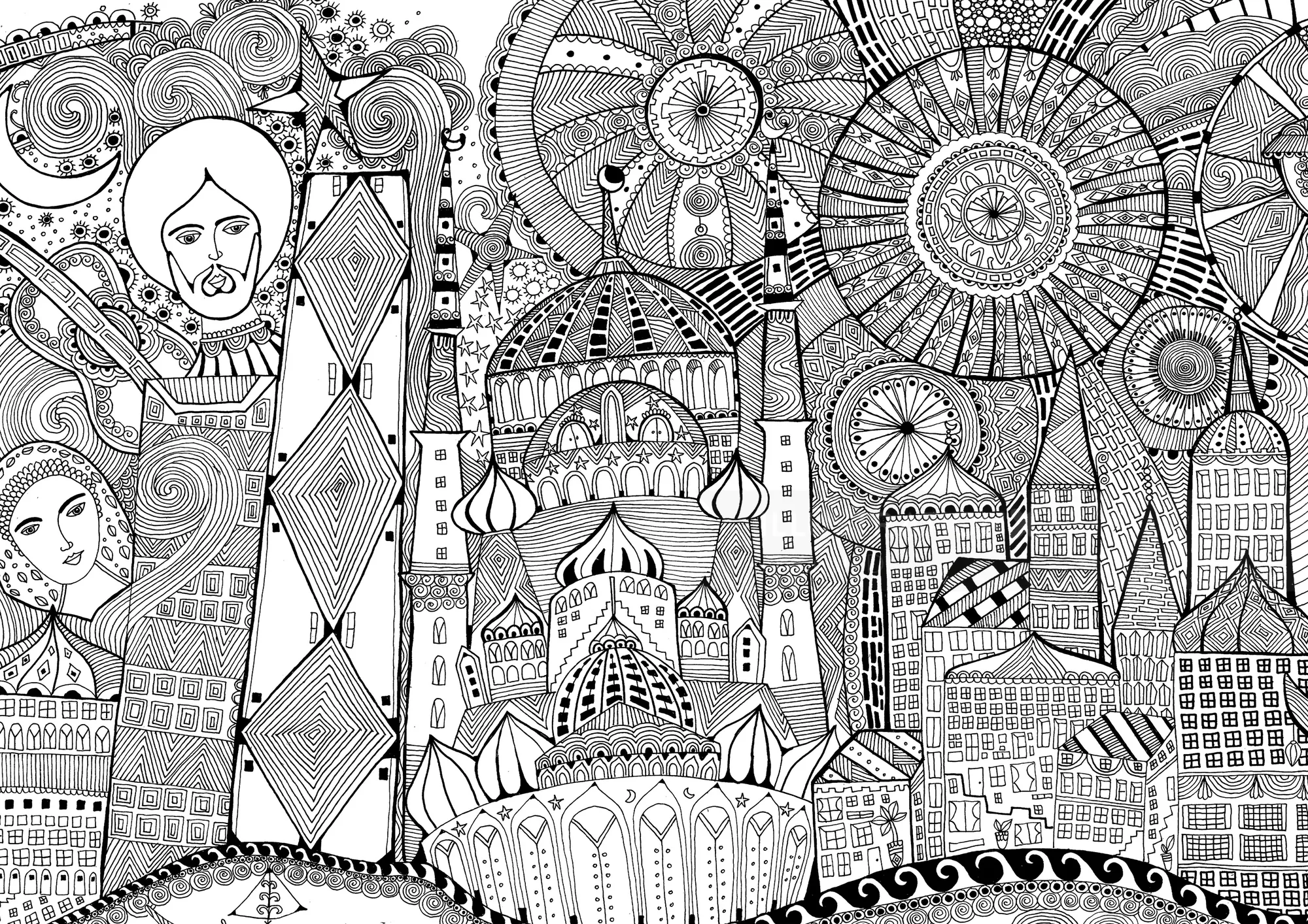 Intricate black and white cityscape drawing by Hannah Davies