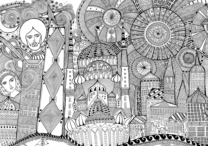 Intricate black and white cityscape drawing by Hannah Davies
