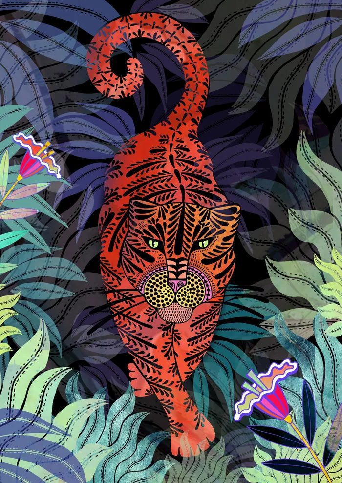 Red tiger walking through detailed jungle plants by Hannah Davies