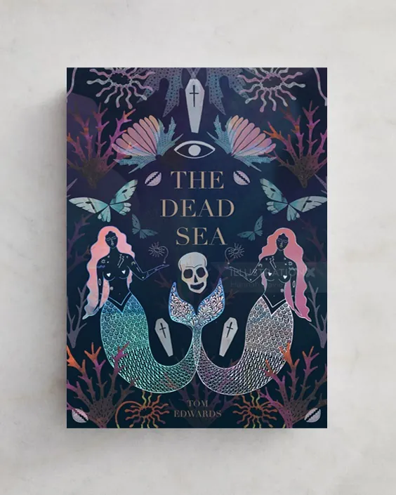 Book cover of The Dead Sea featuring mermaids and skull illustration by Hannah Davies