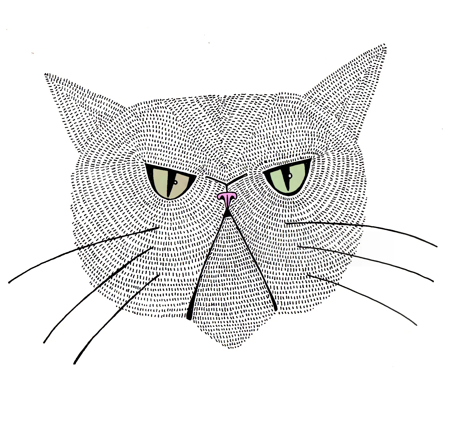 Hannah Davies による緑色の目をした猫の頭の線画イラスト
