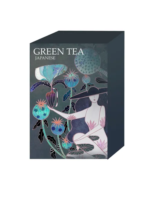 Japanese green tea box with floral and abstract illustration by Hannah Davies