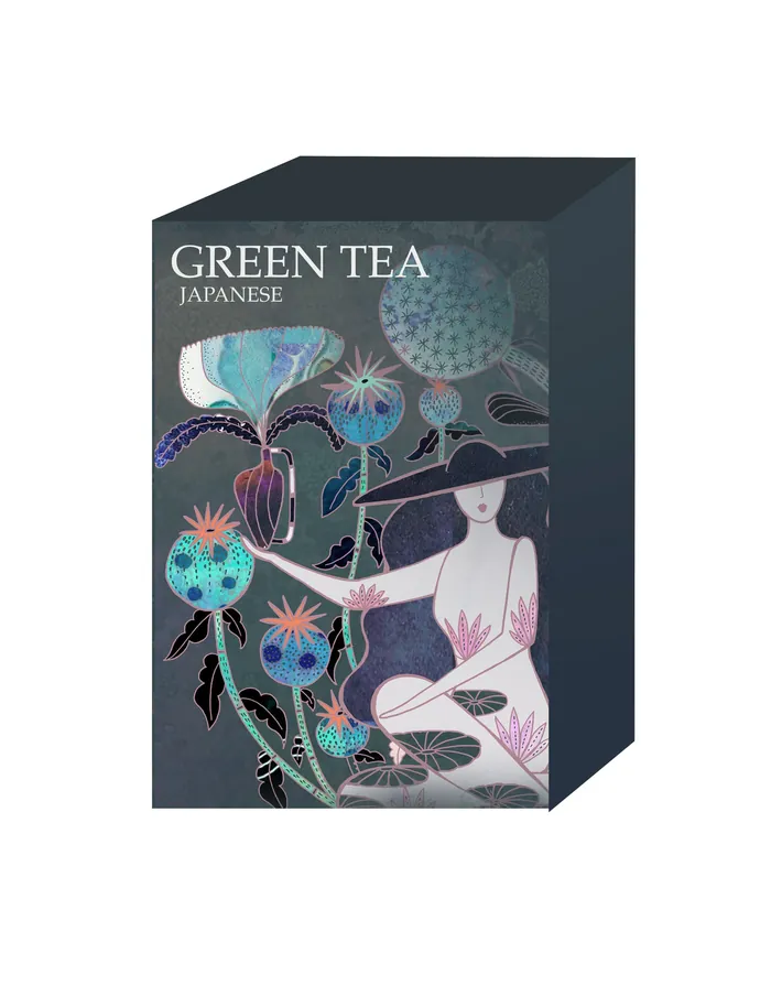 Japanese green tea box with floral and abstract illustration by Hannah Davies